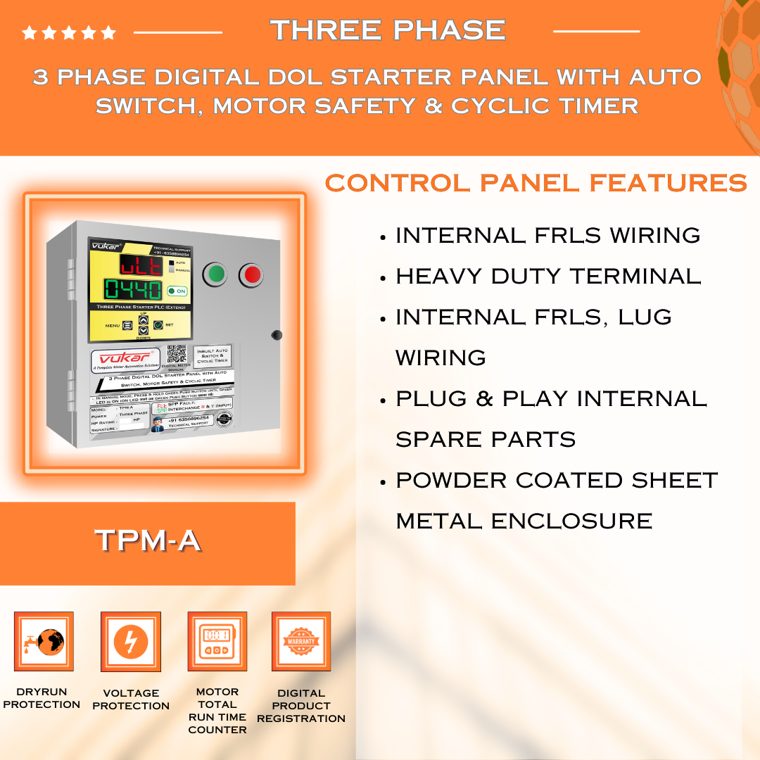 3 Phase Digital DOL Starter Panel with Auto Switch, Motor Safety & Cyclic Timer (TPM-A)