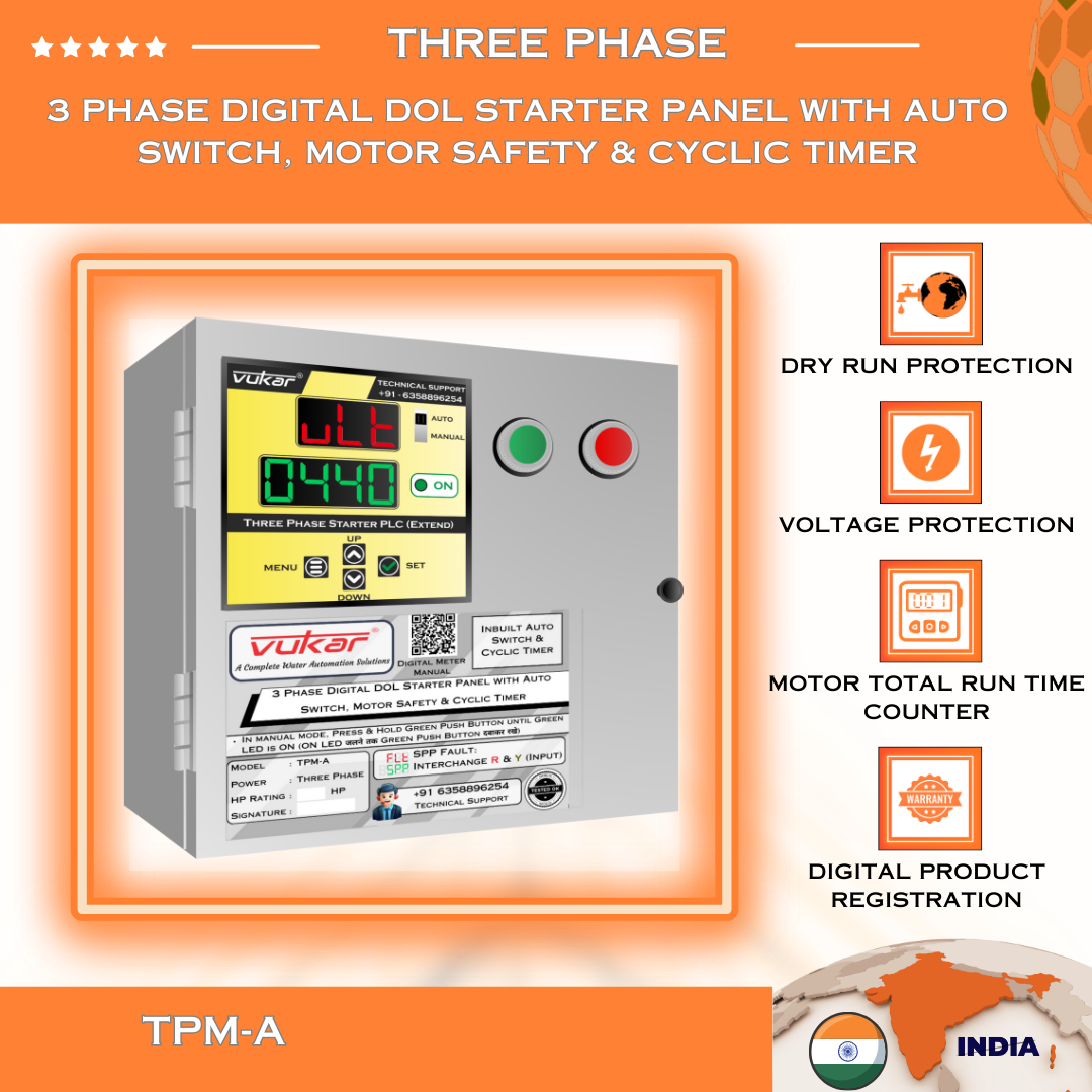 3 Phase Digital DOL Starter Panel with Auto Switch, Motor Safety & Cyclic Timer (TPM-A)
