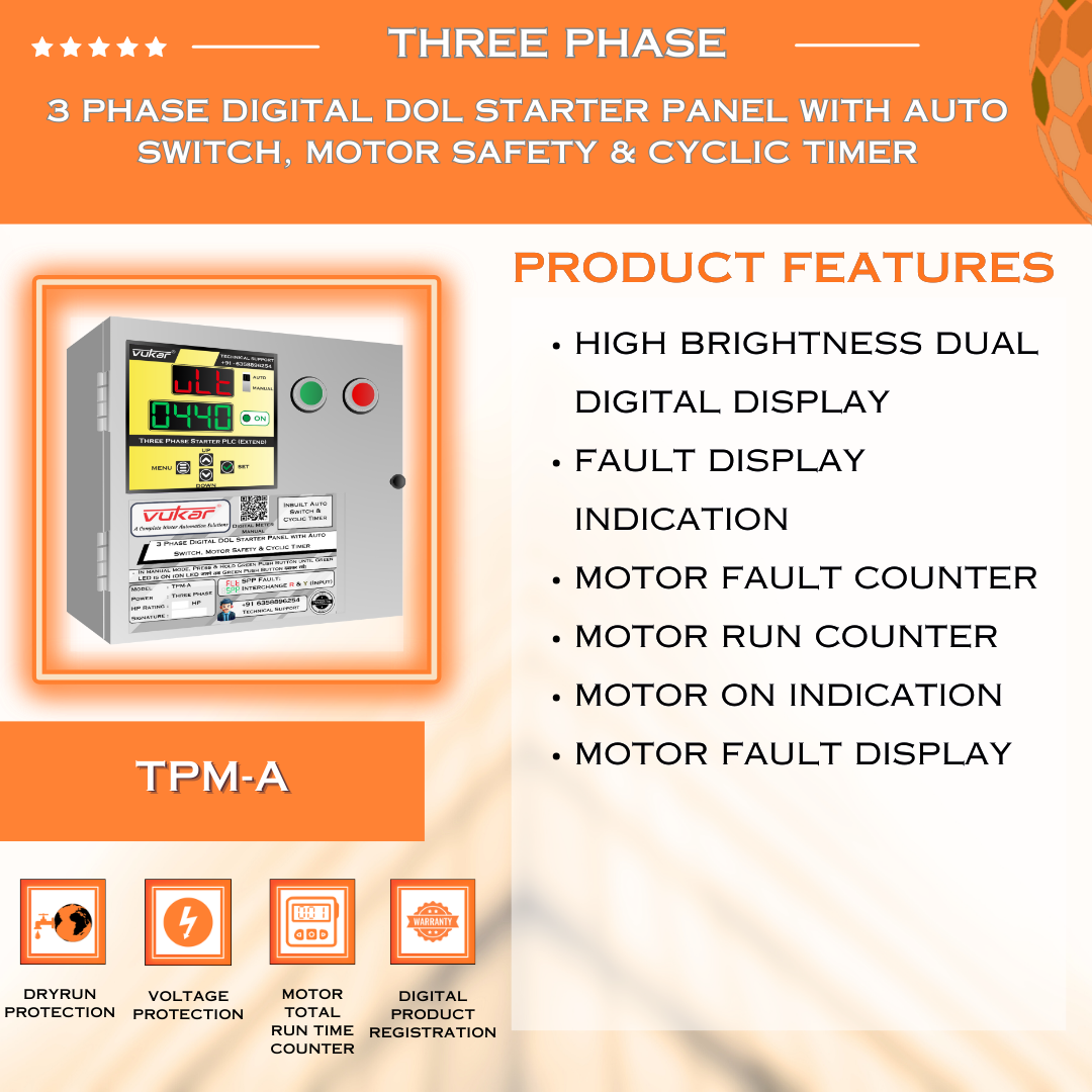 3 Phase Digital DOL Starter Panel with Auto Switch, Motor Safety & Cyclic Timer (TPM-A)