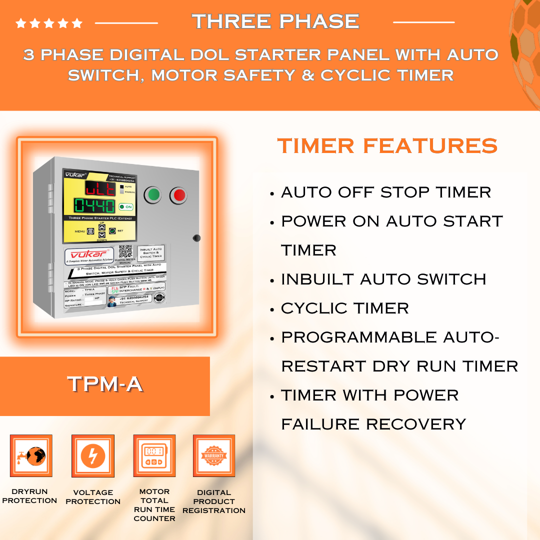 3 Phase Digital DOL Starter Panel with Auto Switch, Motor Safety & Cyclic Timer (TPM-A)