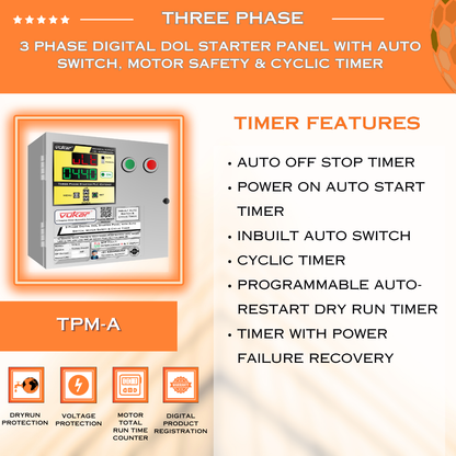 3 Phase Digital DOL Starter Panel with Auto Switch, Motor Safety & Cyclic Timer (TPM-A)
