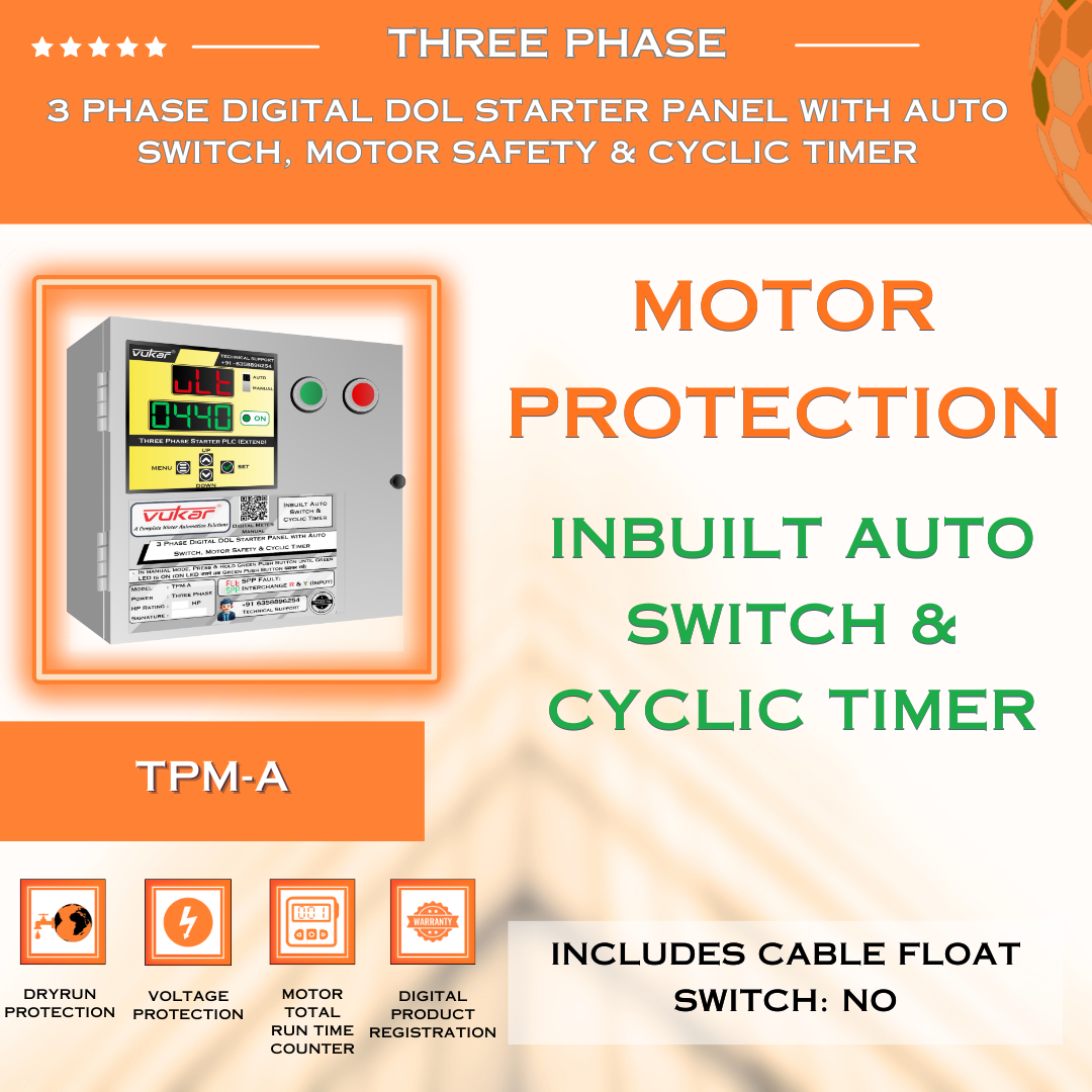 3 Phase Digital DOL Starter Panel with Auto Switch, Motor Safety & Cyclic Timer (TPM-A)