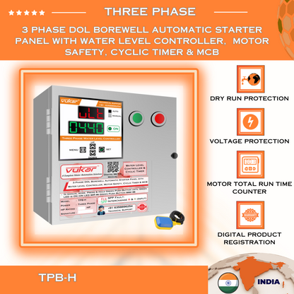 3 Phase DOL Borewell Automatic Starter Panel with Water Level Controller,  Motor Safety, Cyclic Timer & MCB (TPB-H)