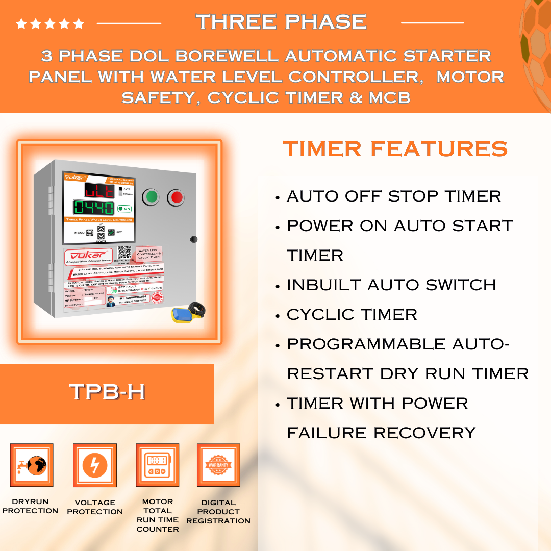 3 Phase DOL Borewell Automatic Starter Panel with Water Level Controller,  Motor Safety, Cyclic Timer & MCB (TPB-H)