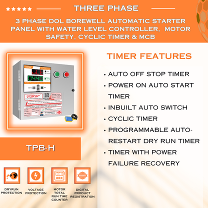 3 Phase DOL Borewell Automatic Starter Panel with Water Level Controller,  Motor Safety, Cyclic Timer & MCB (TPB-H)