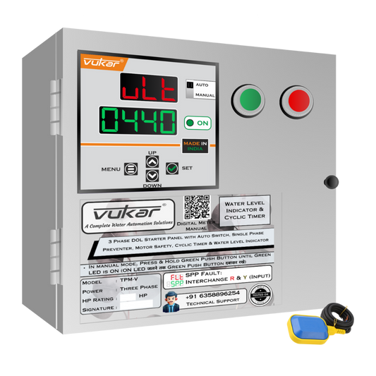 3 Phase DOL Starter Panel with Auto Switch, Single Phase Preventer, Motor Safety, Cyclic Timer & Water Level Indicator (TPM-V)