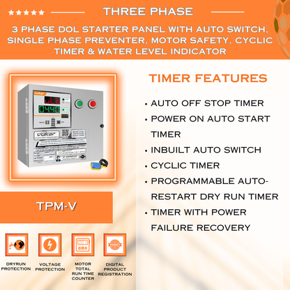 3 Phase DOL Starter Panel with Auto Switch, Single Phase Preventer, Motor Safety, Cyclic Timer & Water Level Indicator (TPM-V)