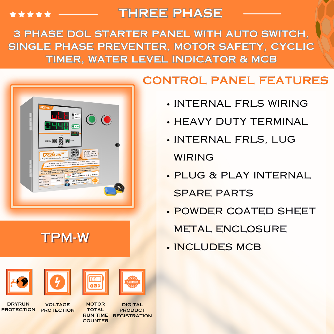 3 Phase DOL Starter Panel with Auto Switch, Single Phase Preventer, Motor Safety, Cyclic Timer, Water Level Indicator & MCB (TPM-W)