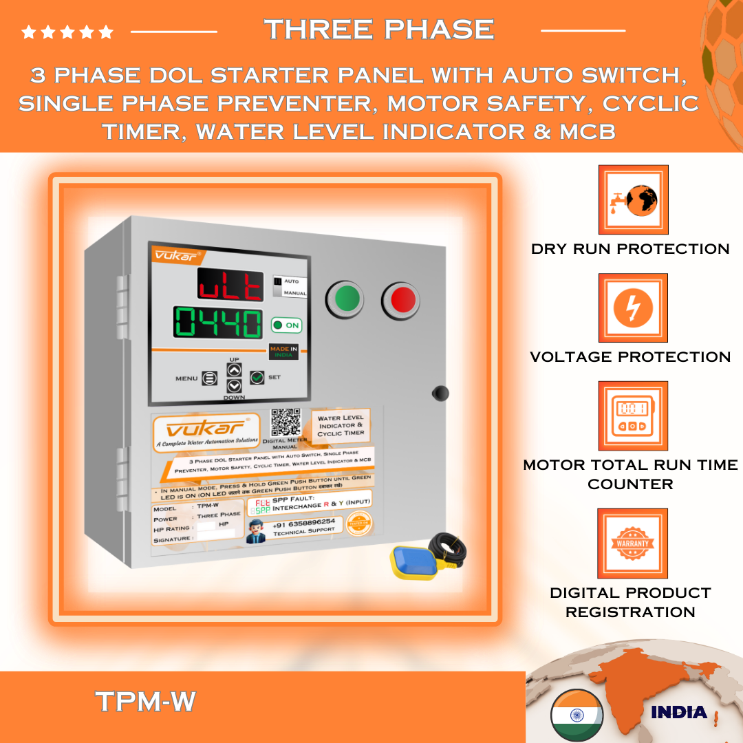 3 Phase DOL Starter Panel with Auto Switch, Single Phase Preventer, Motor Safety, Cyclic Timer, Water Level Indicator & MCB (TPM-W)