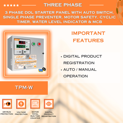 3 Phase DOL Starter Panel with Auto Switch, Single Phase Preventer, Motor Safety, Cyclic Timer, Water Level Indicator & MCB (TPM-W)