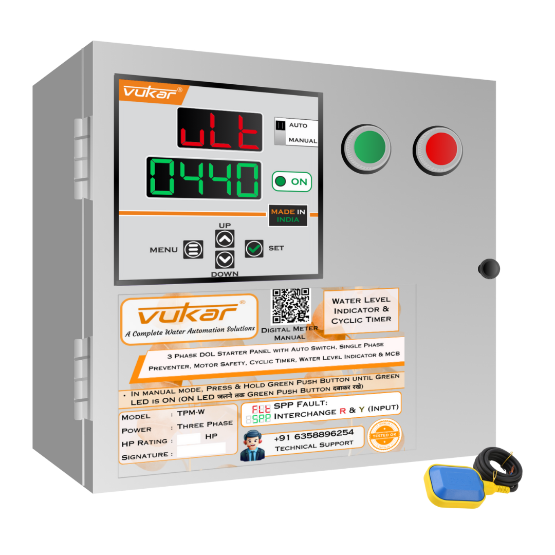3 Phase DOL Starter Panel with Auto Switch, Single Phase Preventer, Motor Safety, Cyclic Timer, Water Level Indicator & MCB (TPM-W)
