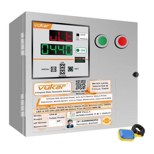 3 Phase DOL Starter Panel with Auto Switch, Single Phase Preventer, Motor Safety, Cyclic Timer, Water Level Indicator & MCB (TPM-W)