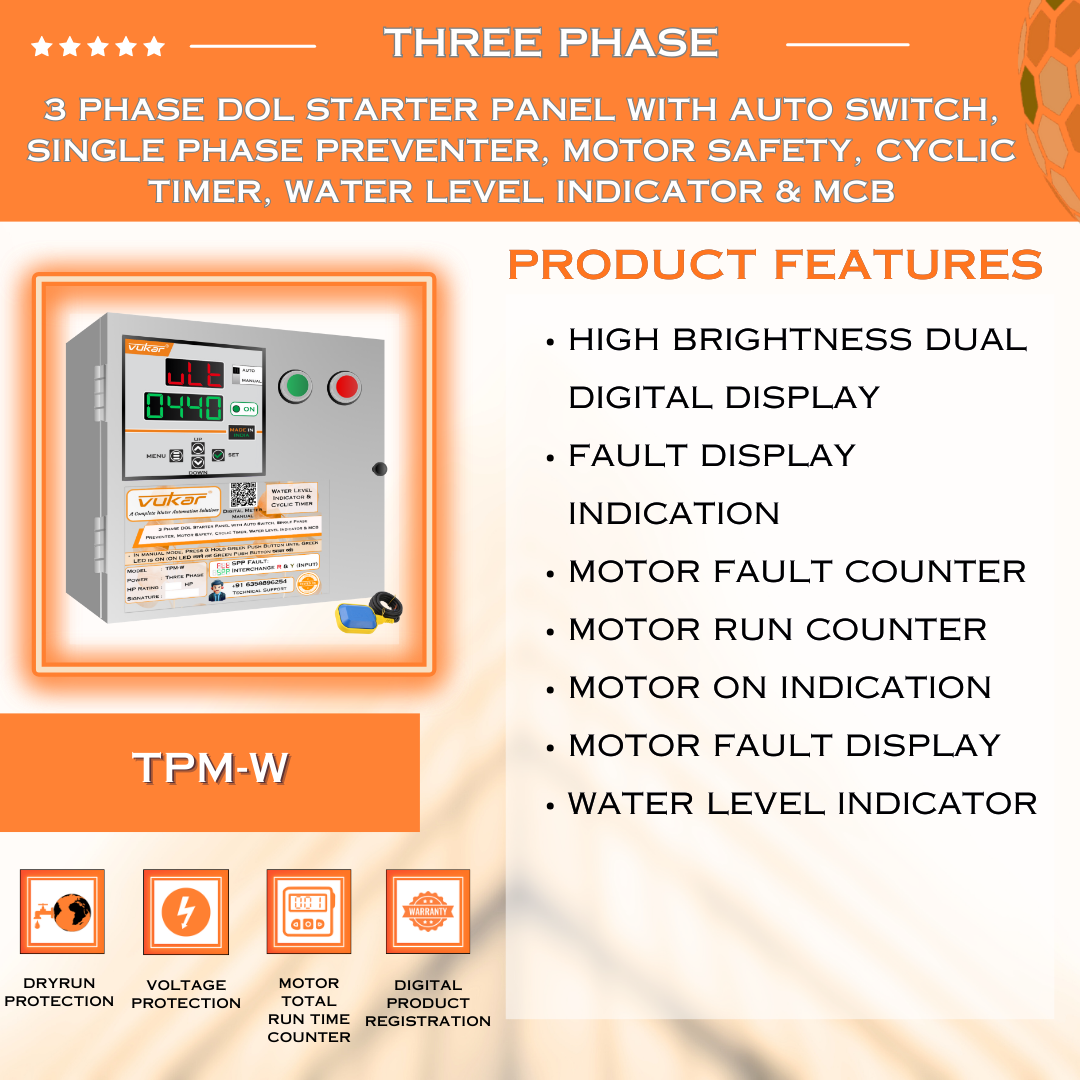 3 Phase DOL Starter Panel with Auto Switch, Single Phase Preventer, Motor Safety, Cyclic Timer, Water Level Indicator & MCB (TPM-W)