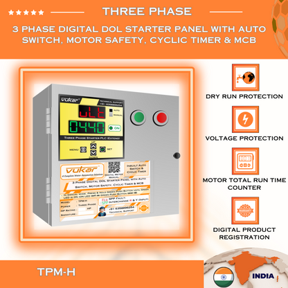 3 Phase Digital DOL Starter Panel with Auto Switch, Motor Safety, Cyclic Timer & MCB (TPM-H)