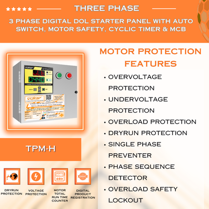 3 Phase Digital DOL Starter Panel with Auto Switch, Motor Safety, Cyclic Timer & MCB (TPM-H)