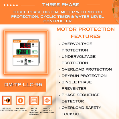 Three Phase Digital Meter with Motor Protection, Cyclic Timer & Water Level Controller (DM-TP-LLC-96)