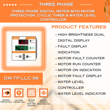 Three Phase Digital Meter with Motor Protection, Cyclic Timer & Water Level Controller (DM-TP-LLC-96)