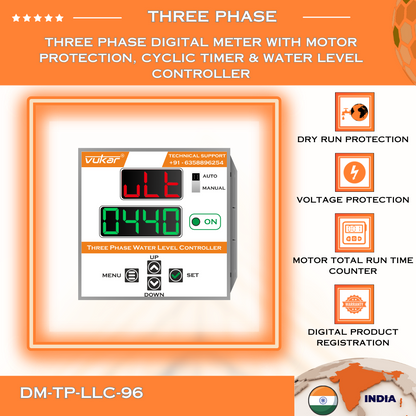 Three Phase Digital Meter with Motor Protection, Cyclic Timer & Water Level Controller (DM-TP-LLC-96)