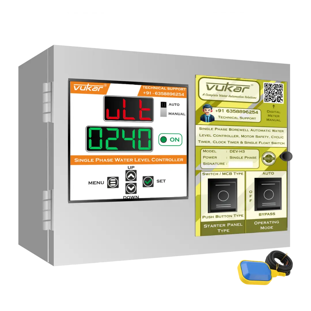 Single Phase Borewell Automatic Water Level Controller, Motor Safety, Cyclic Timer, Clock Timer & Single Float Switch (DEV-H3) VUKAR