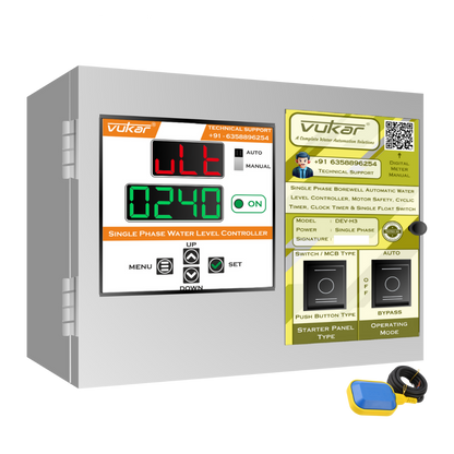 Single Phase Borewell Automatic Water Level Controller, Motor Safety, Cyclic Timer, Clock Timer & Single Float Switch (DEV-H3)