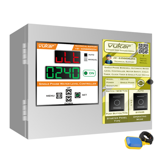 Single Phase Borewell Automatic Water Level Controller, Motor Safety, Cyclic Timer, Clock Timer & Single Float Switch (DEV-H3)