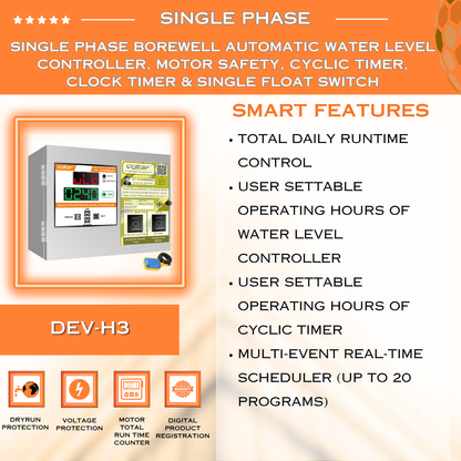 Single Phase Borewell Automatic Water Level Controller, Motor Safety, Cyclic Timer, Clock Timer & Single Float Switch (DEV-H3)
