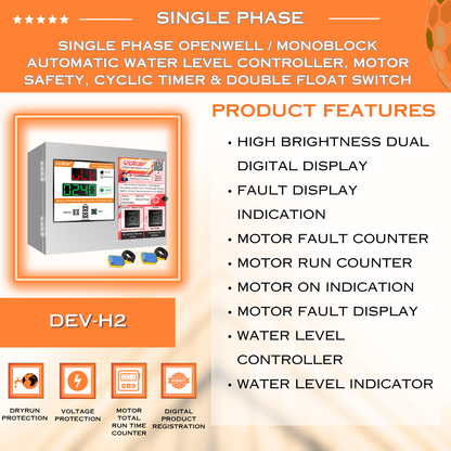 Single Phase Openwell / Monoblock Automatic Water Level Controller, Motor Safety, Cyclic Timer & Double Float Switch (DEV-H2)