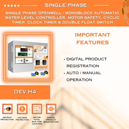 Single Phase Openwell / Monoblock Automatic Water Level Controller, Motor Safety, Cyclic Timer, Clock Timer & Double Float Switch (DEV-H4)