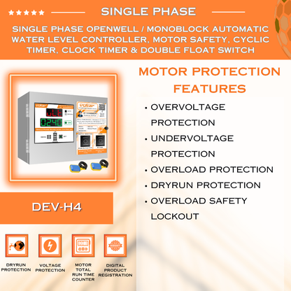 Single Phase Openwell / Monoblock Automatic Water Level Controller, Motor Safety, Cyclic Timer, Clock Timer & Double Float Switch (DEV-H4)