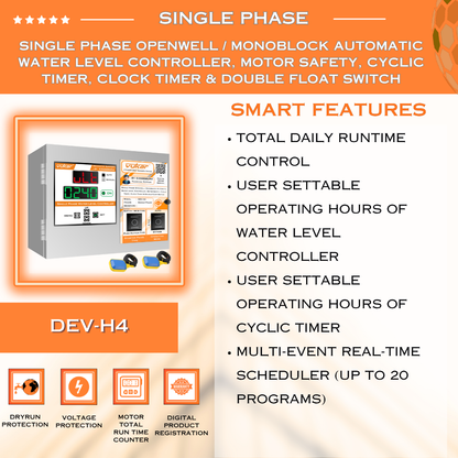 Single Phase Openwell / Monoblock Automatic Water Level Controller, Motor Safety, Cyclic Timer, Clock Timer & Double Float Switch (DEV-H4)