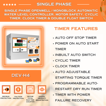 Single Phase Openwell / Monoblock Automatic Water Level Controller, Motor Safety, Cyclic Timer, Clock Timer & Double Float Switch (DEV-H4)