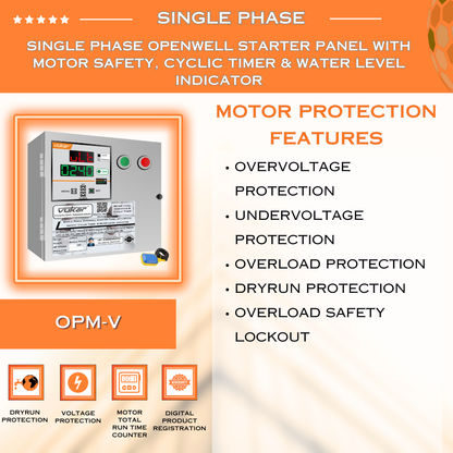 Single Phase Openwell Starter Panel with Motor Safety, Cyclic Timer & Water Level Indicator (OPM-V)