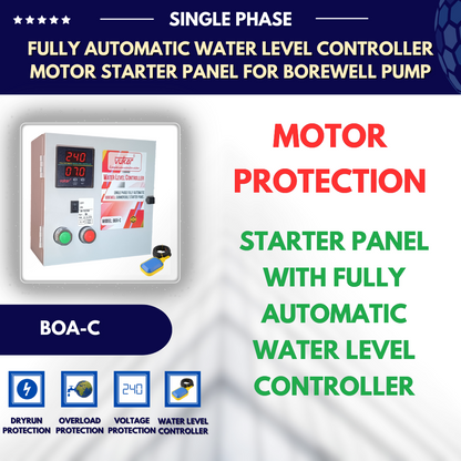 Single Phase Digital Fully Automatic Water Level Controller Borewell Submersible Pump Motor Starter Panel with Motor Dry Run, Overload, Voltage Protection and Float Switch Sensor (BOA-C)