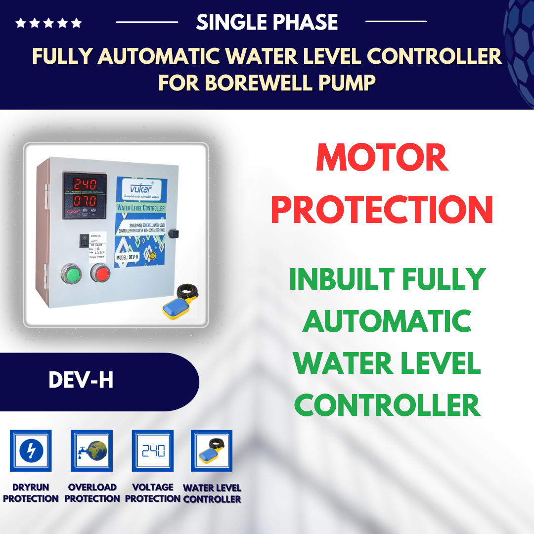 Single Phase Digital Automatic Borewell Submersible Pump Water Level Controller with Motor Dry Run, Overload and Voltage Protection with Float Switch for Starter with Contactor Panel (DEV-H)
