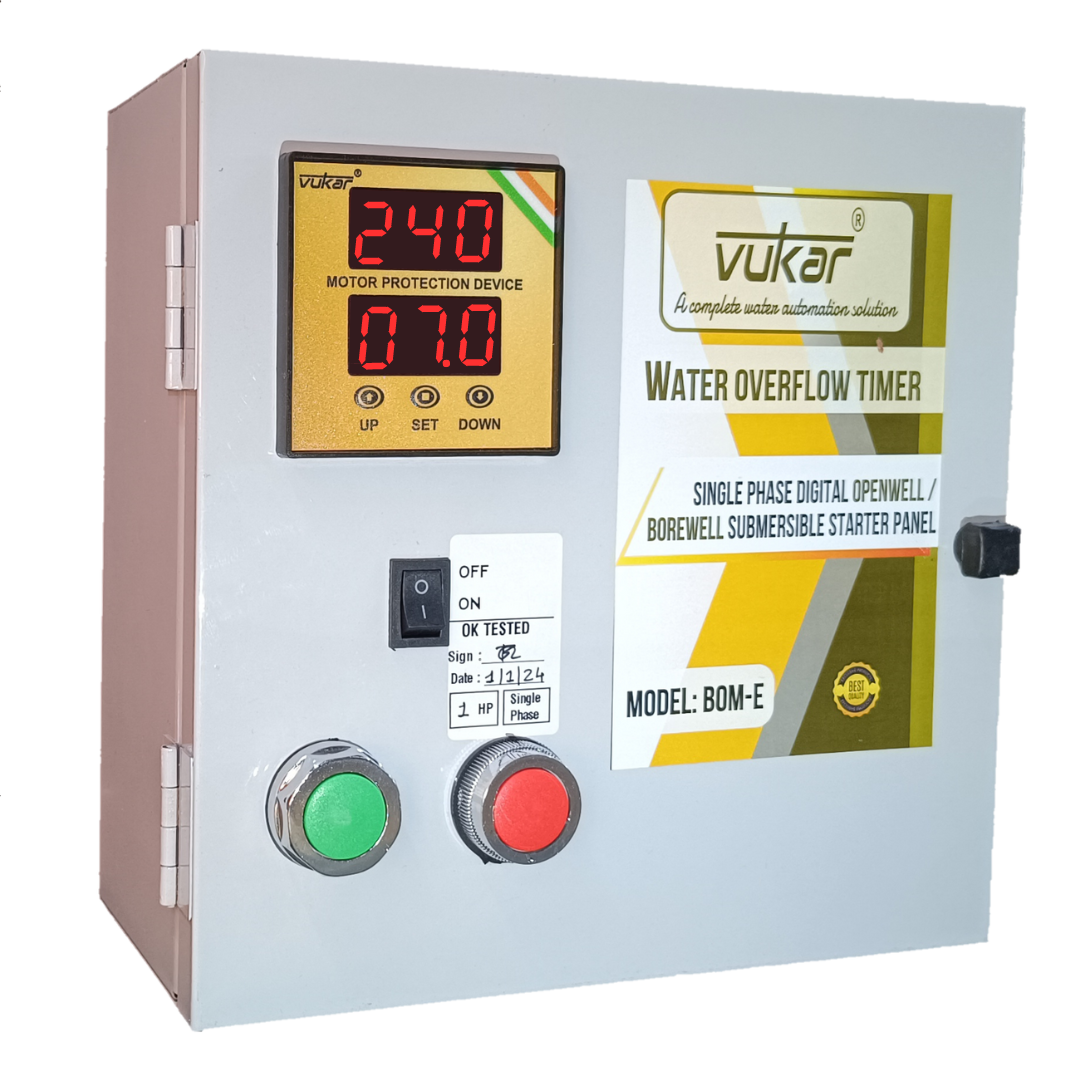 Single Phase Digital Motor Starter Panel Board for Borewell Submersible Pump with Motor Dry Run, Overload, Overvoltage, Undervoltage Protection and Motor Auto Off / Stop Timer (BOM-E)