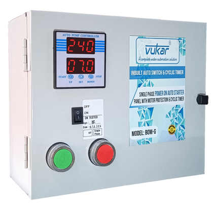 Power ON Digital Single Phase Motor Auto Starter Borewell Submersible Pump Panel Board with Motor Dry Run, Overload, Voltage Protection and Cyclic Timer (BOM-G)
