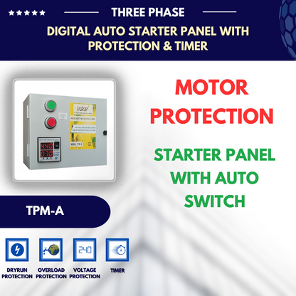 Three Phase Digital DOL Auto Motor Starter Panel Board for Borewell Submersible Pump with Dry Run, Overload, Voltage Protection, Cyclic Timer and Inbuilt Auto Switch (TPM-A)