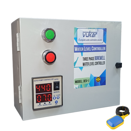 3 Phase Digital Automatic Borewell Submersible Pump Water Level Controller with Motor Dry Run, Overload, Voltage Protection and Float Switch Sensor for Borewell Starter Panel (DEV-J)