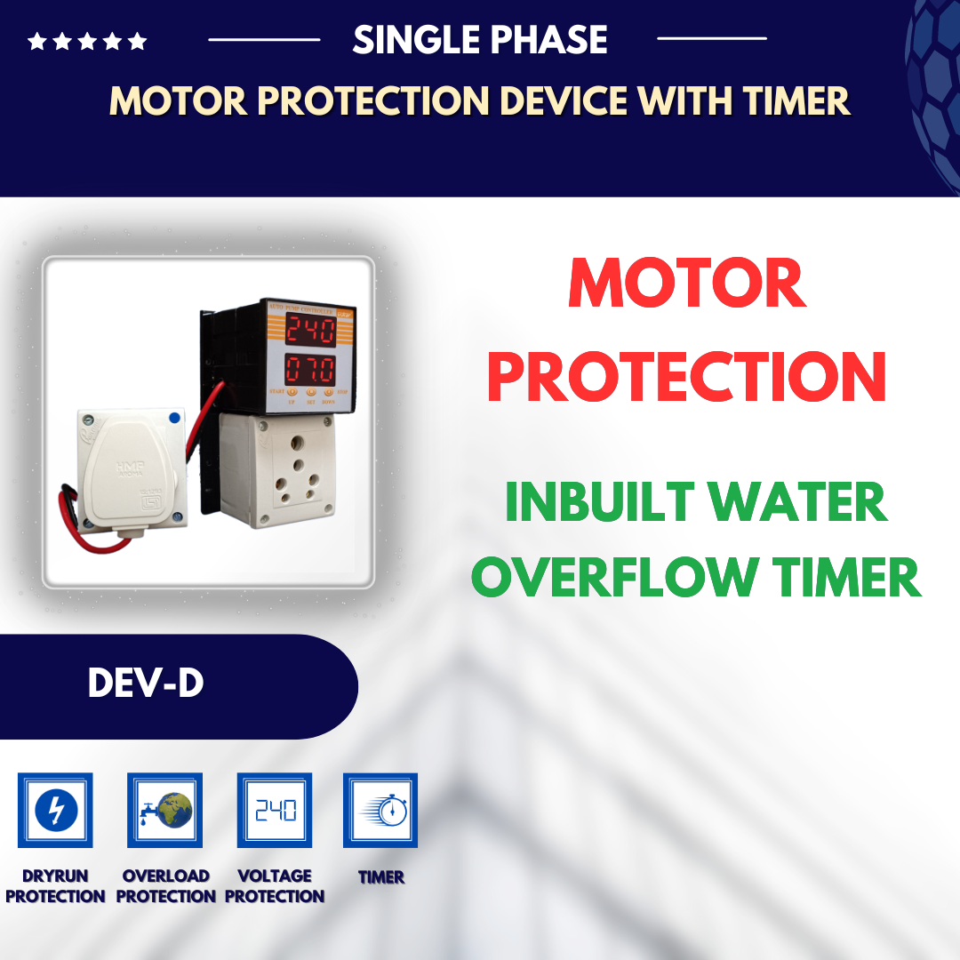 Openwell / Monoblock (Tullu) Digital Motor Protection Device with Dry Run, Overload, Overvoltage, Undervoltage Protection and Water Overflow Stop Timer for Water Pump Motor MCB Panel (DEV-D)