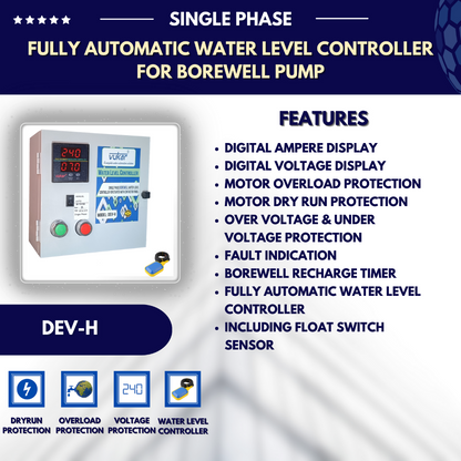 Single Phase Digital Automatic Borewell Submersible Pump Water Level Controller with Motor Dry Run, Overload and Voltage Protection with Float Switch for Starter with Contactor Panel (DEV-H)