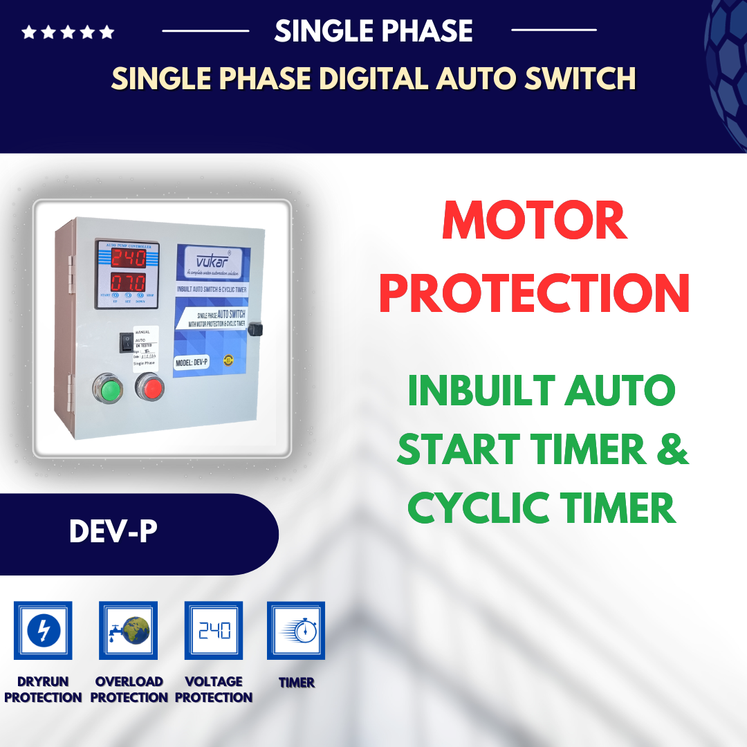 Single Phase Digital Auto Switch with Dry Run, Overload, Undervoltage, Overvoltage Protection and Cyclic Timer for Water Pump Motor Starter with Contactor Panel Board (DEV-P)