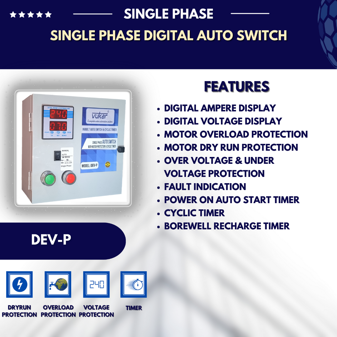 Single Phase Digital Auto Switch with Dry Run, Overload, Undervoltage, Overvoltage Protection and Cyclic Timer for Water Pump Motor Starter with Contactor Panel Board (DEV-P)