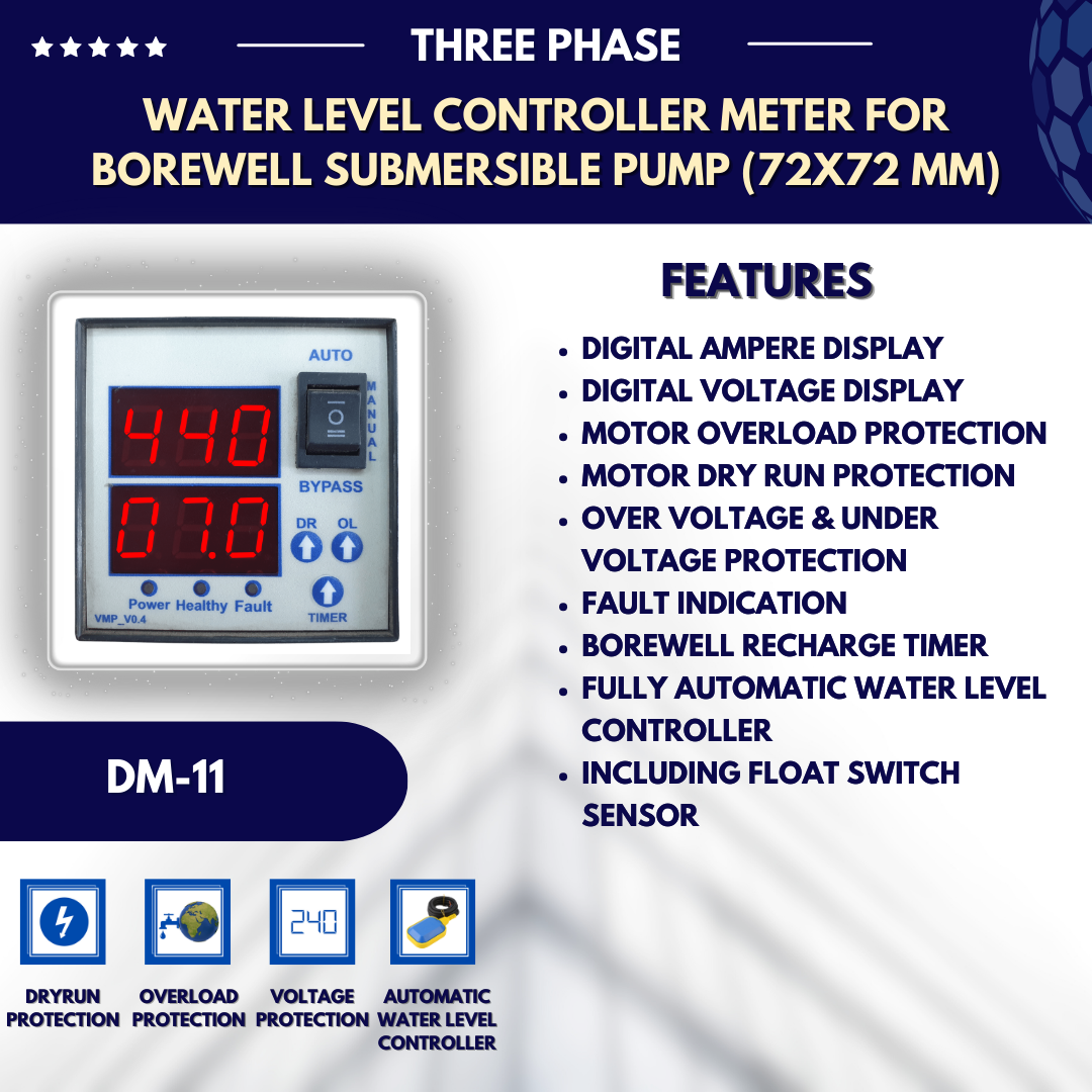 Three Phase Water Level Controller Meter for Borewell Submersible Pump (72x72 mm)