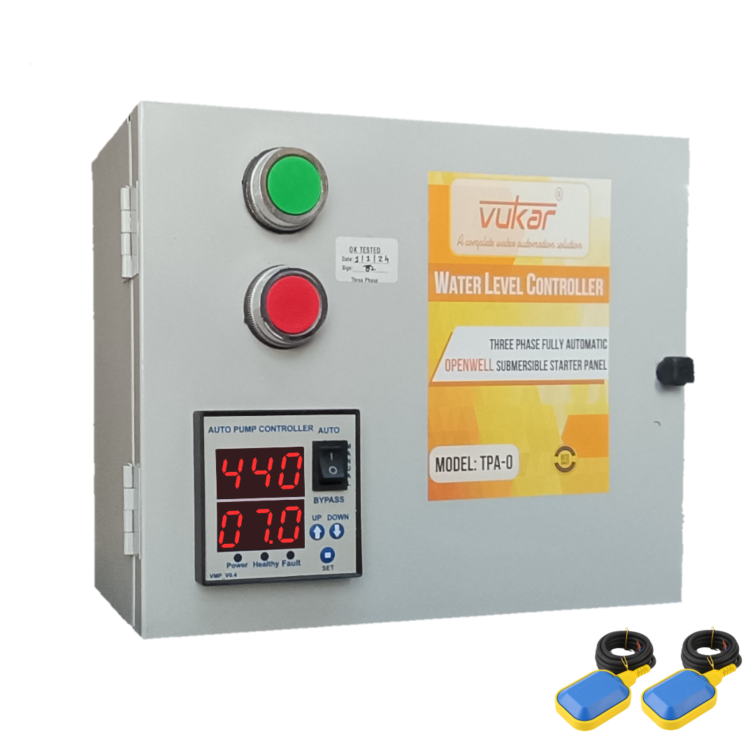 Three Phase Digital DOL Fully Automatic Water Level Controller Openwell / Monoblock Motor Starter Panel Board with Dry Run, Overload, Voltage Protection and Dual Tank Float Switch (TPA-O)