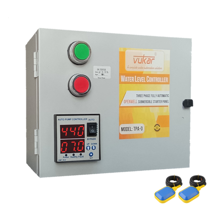 Three Phase Digital DOL Fully Automatic Water Level Controller Openwell / Monoblock Motor Starter Panel Board with Dry Run, Overload, Voltage Protection and Dual Tank Float Switch (TPA-O)