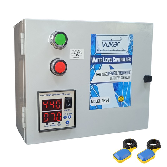 3 Phase Digital Fully Automatic Water Level Controller with Dry Run, Overload and Voltage Protection with Dual Tank Float Sensor for Openwell / Monoblock Water Pump Motor Starter Panel (DEV-I)
