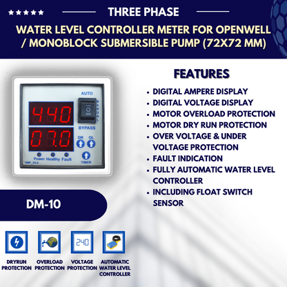 Three Phase Water Level Controller Meter for Openwell / Monoblock Submersible Pump (72x72 mm)