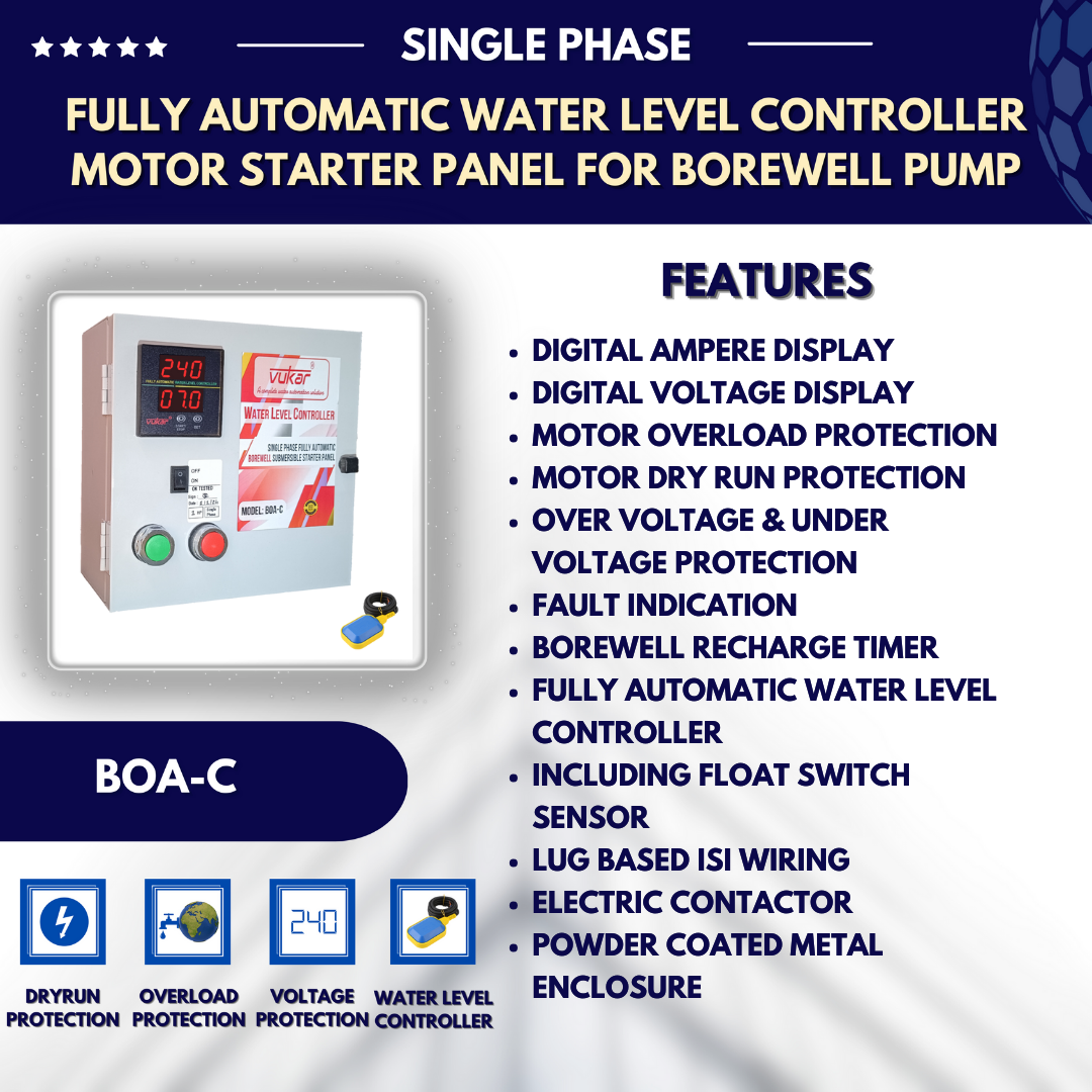 Single Phase Digital Fully Automatic Water Level Controller Borewell Submersible Pump Motor Starter Panel with Motor Dry Run, Overload, Voltage Protection and Float Switch Sensor (BOA-C)