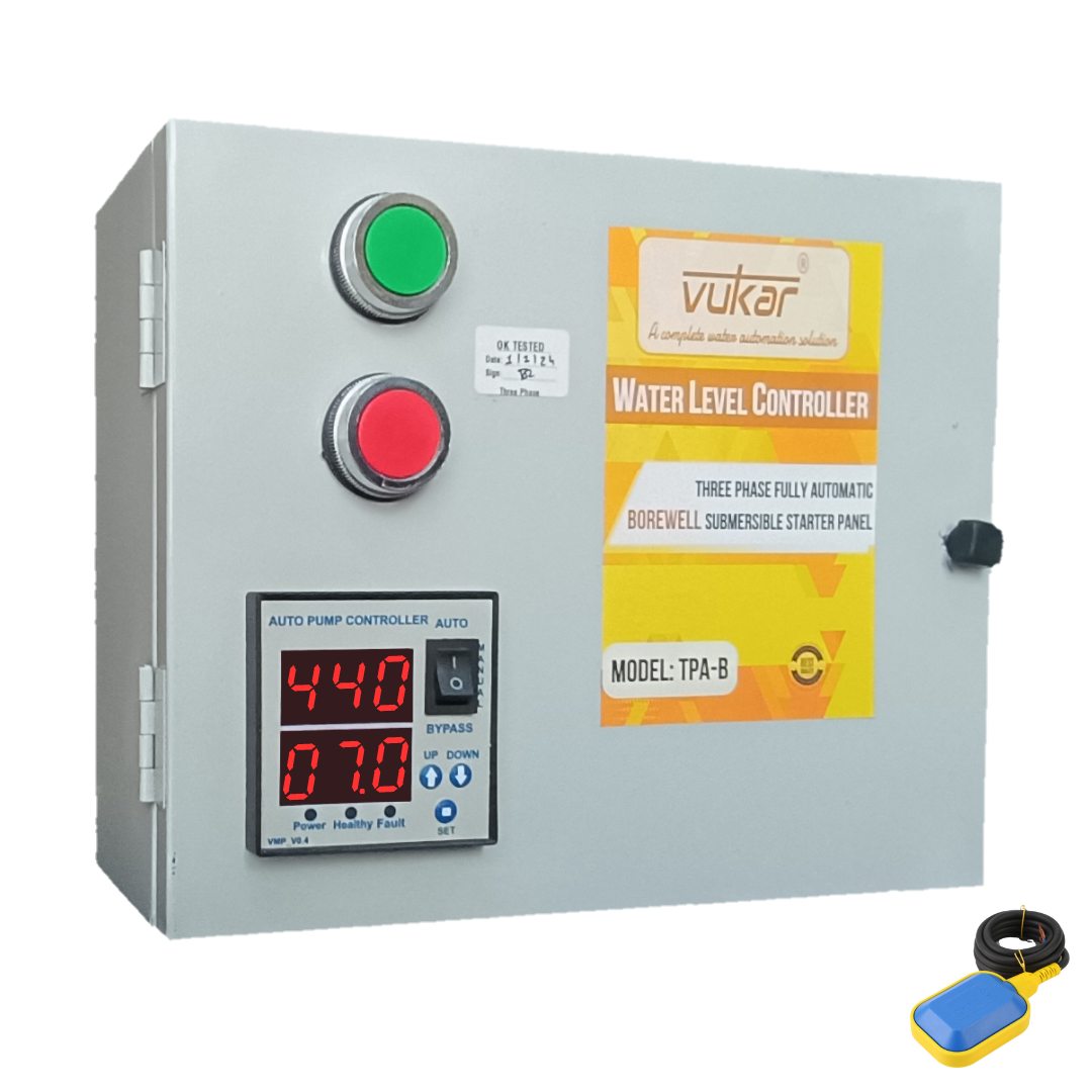 Three Phase Digital DOL Fully Automatic Water Level Controller Borewell Submersible Pump Motor Starter Panel Board with Dry Run, Overload, Voltage Protection and Float Switch Sensor (TPA-B)